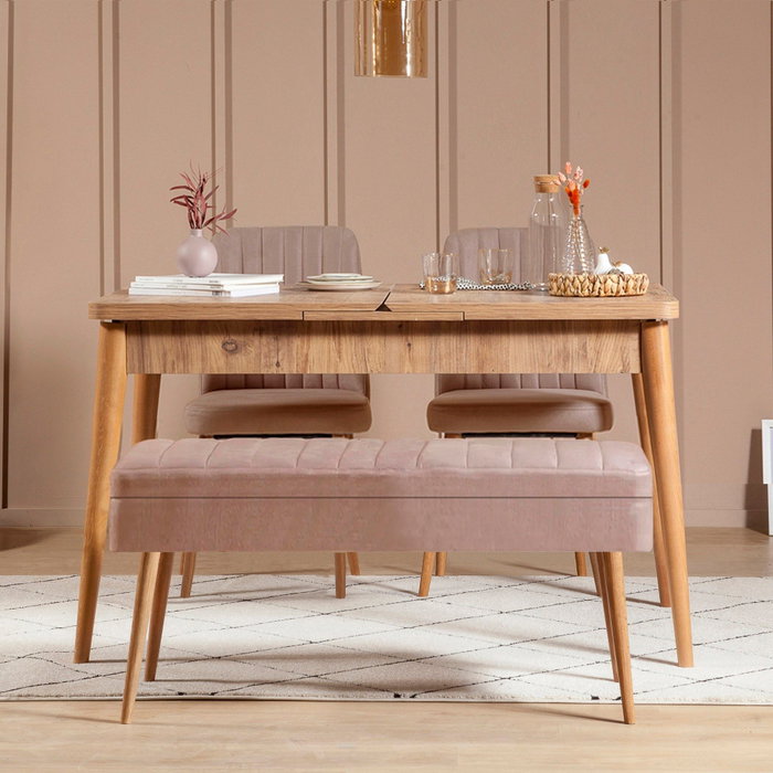 Hanah Home 0900 - 3 Conjunto Mesa y Sillas Extensibles, Tablero Melamina, Terciopelo, Pino Atlántico y Piedra, 4 Sillas y Banco